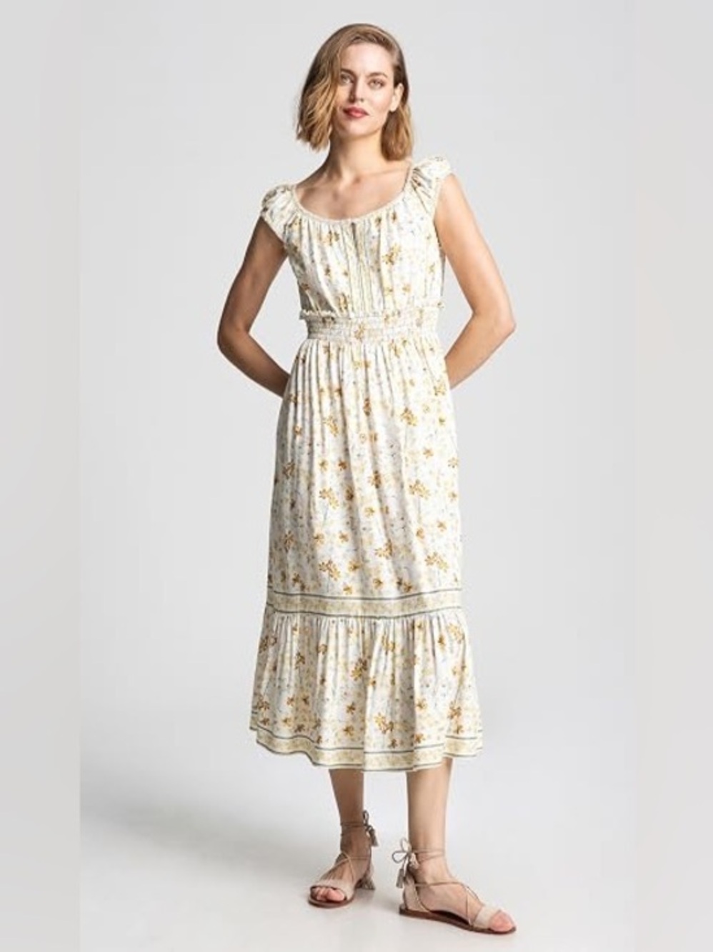 Max Studio Linen Floral Cream Maxi Dress M
